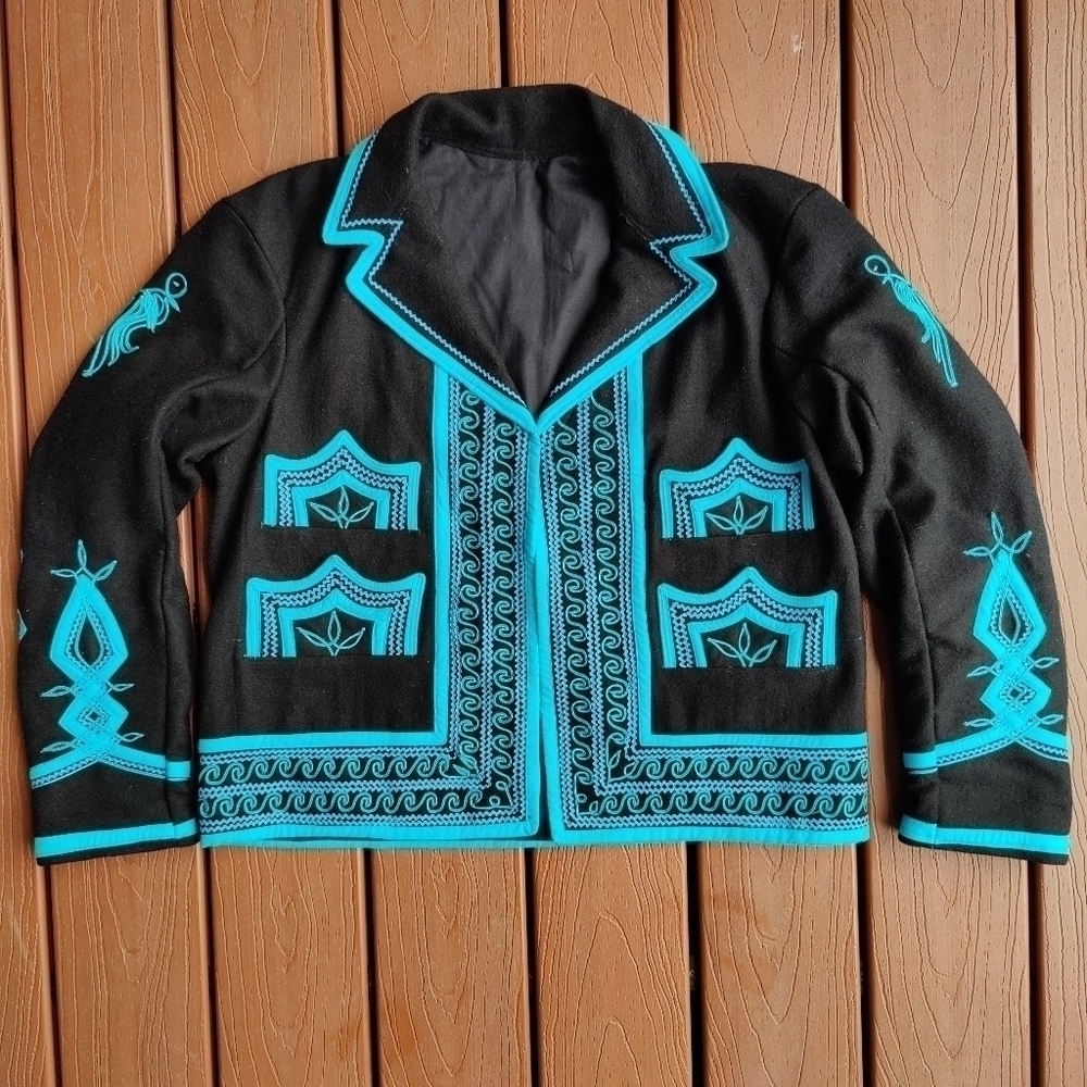 Western Turquoise Fancy Riding Show Coat Matador Jacket Black Ornate Scully L XL